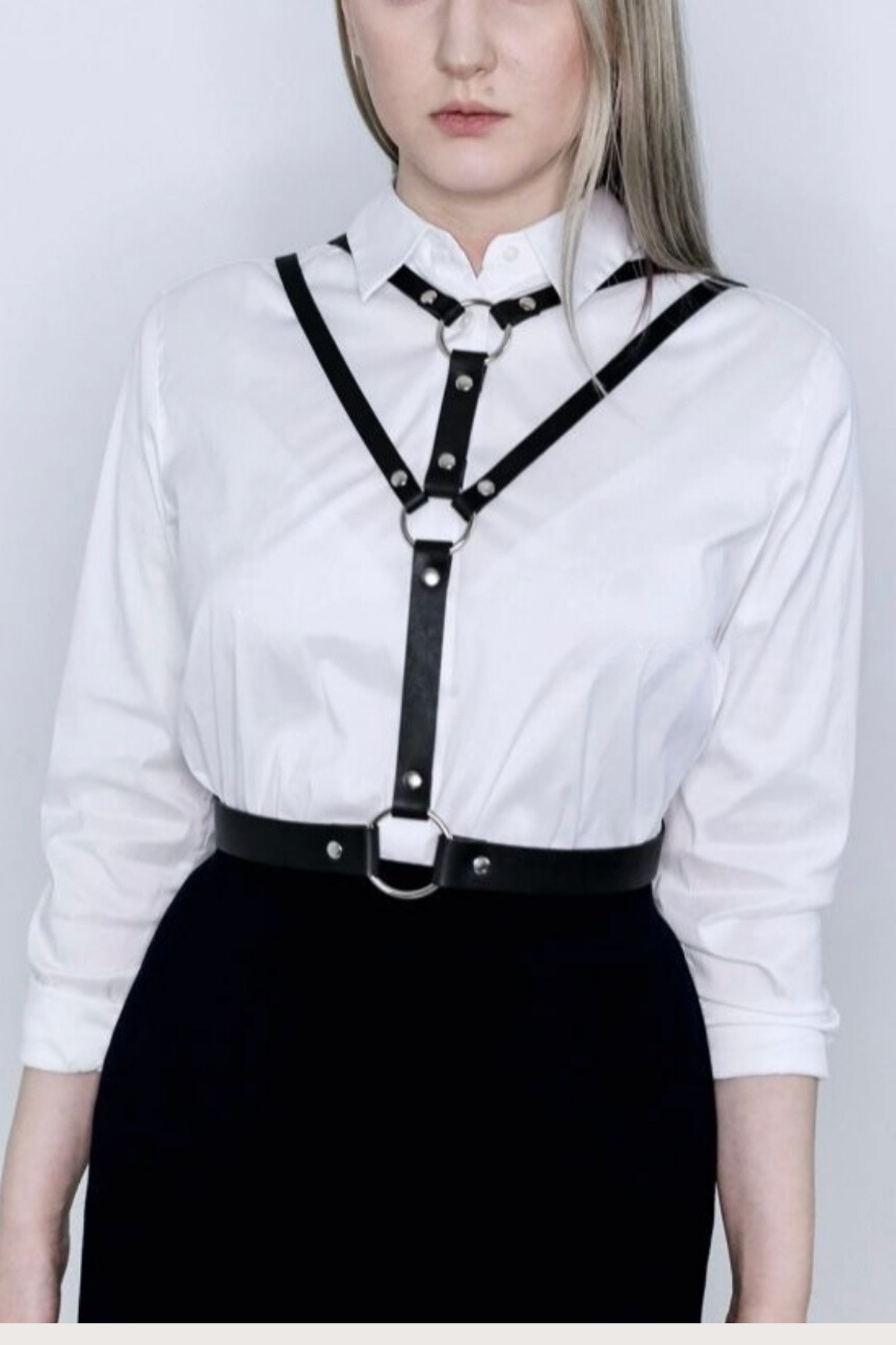 Elegant Double Harness Faux Leather Belt with Tie Waist on Top of Dress 800568