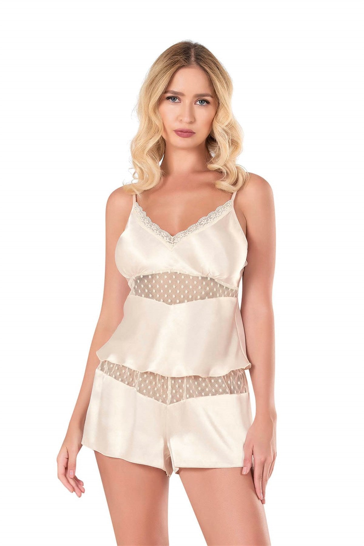 Elfenbeinfarbenes Babydoll-Shorts-Set aus Satin