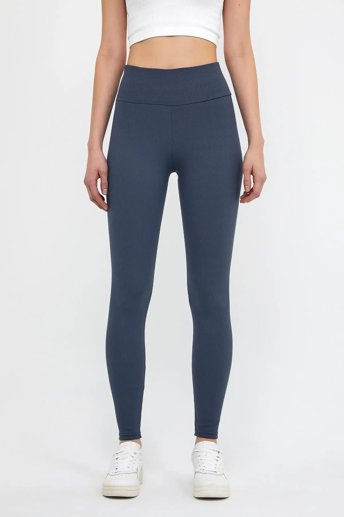 Marineblaue gerippte Leggings mit hoher Taille 0608