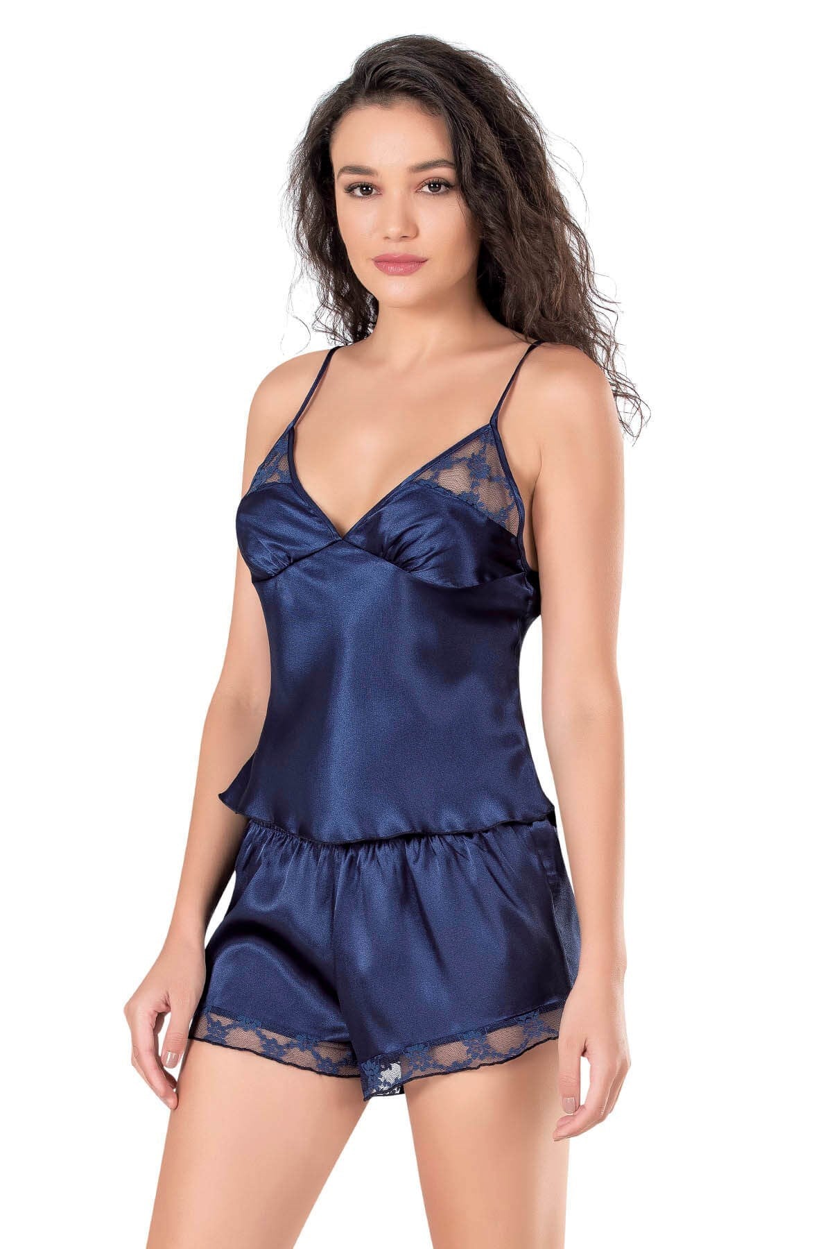 Marineblaues Babydoll-Shorts-Set aus Satin