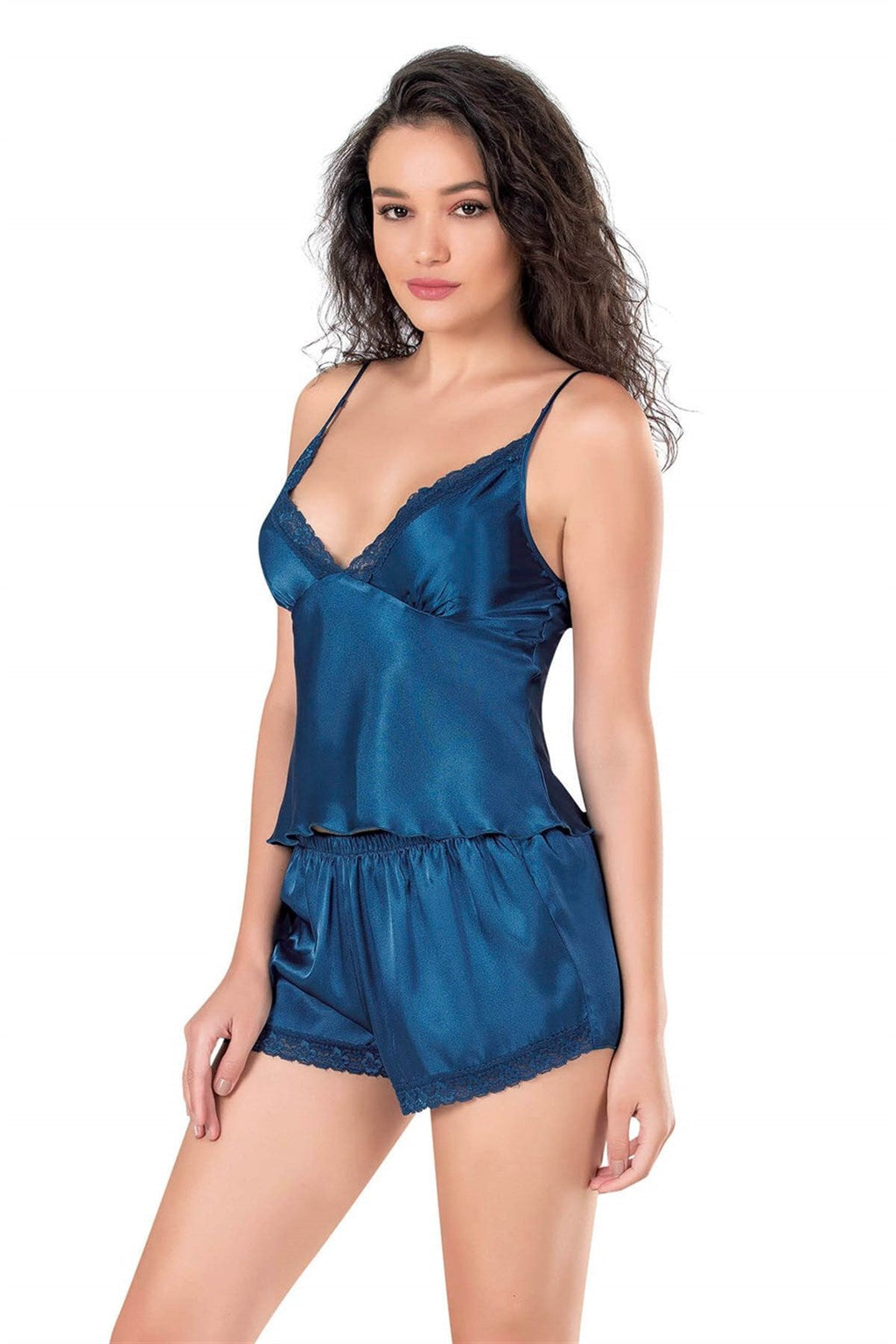 Ölblaues Babydoll-Shorts-Set aus Satin