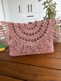 Paper Rope Clutch in DUsty Rose Color with wooden bead,Summer Bag Clutch, Handmade Bag Woven, Paper Yarn Bag