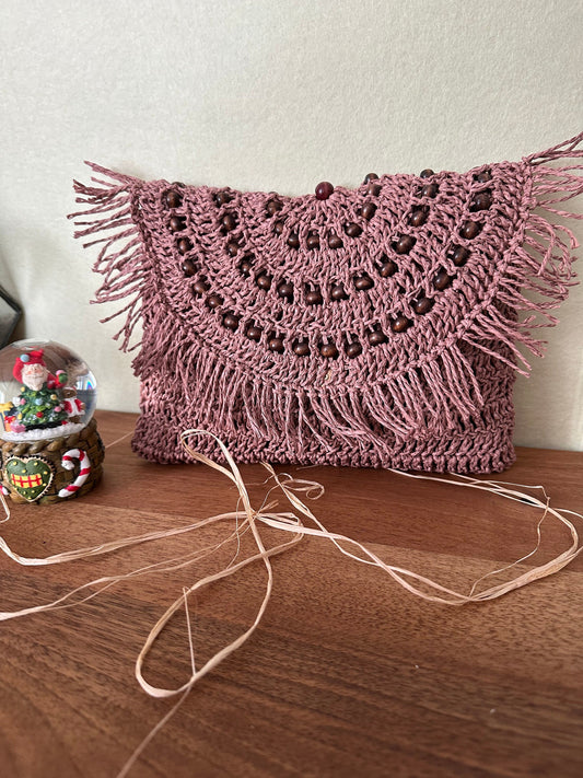 Paper Rope Clutch in DUsty Rose Color with wooden bead,Summer Bag Clutch, Handmade Bag Woven, Paper Yarn Bag