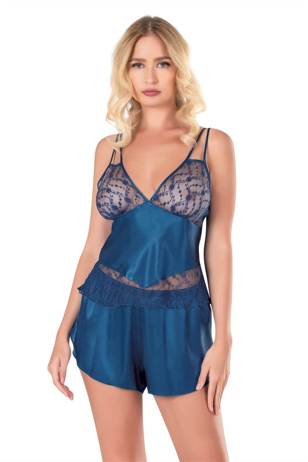 Petrolblaues Babydoll-Shorts-Set aus Satin