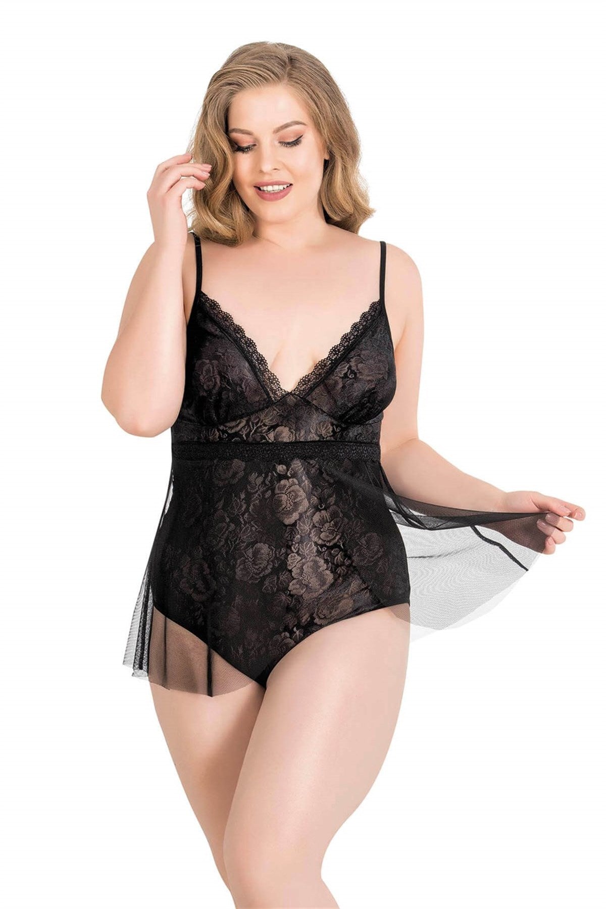 Schwarzes Jacquard-Nachthemd im Bodysuit-Stil in Übergröße