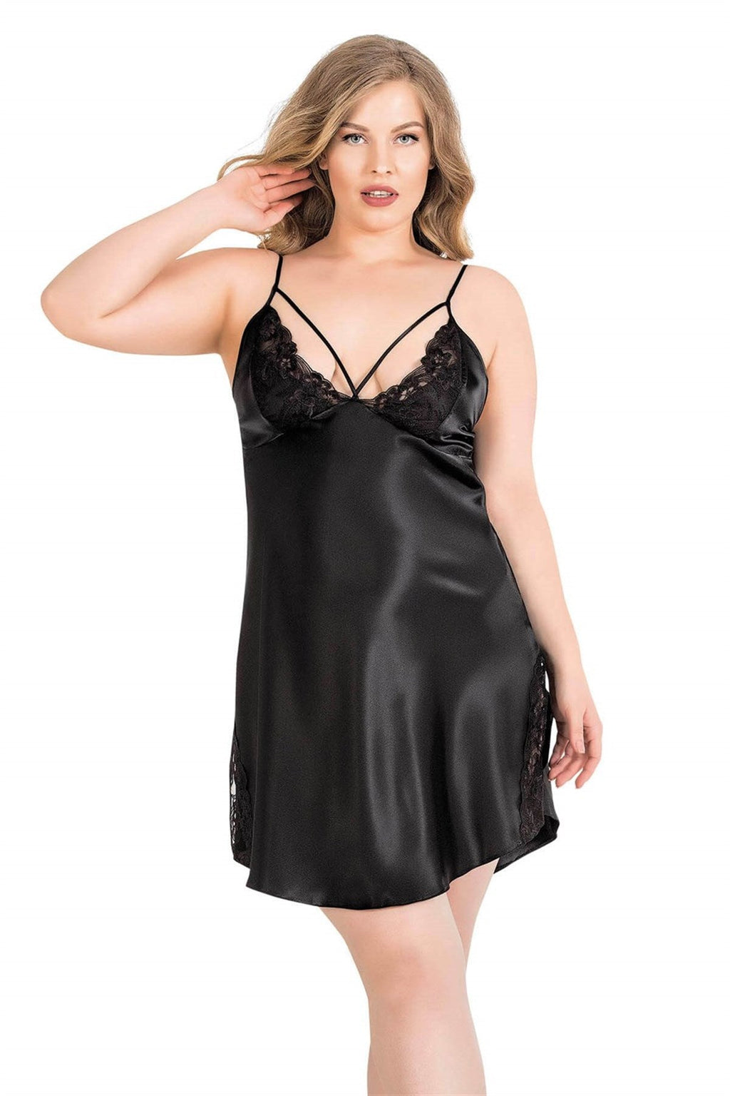 Kurze schwarze Satin-Nachthemden in Übergröße