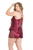 Plus Size Burgundy Satin Babydoll Shorts Set