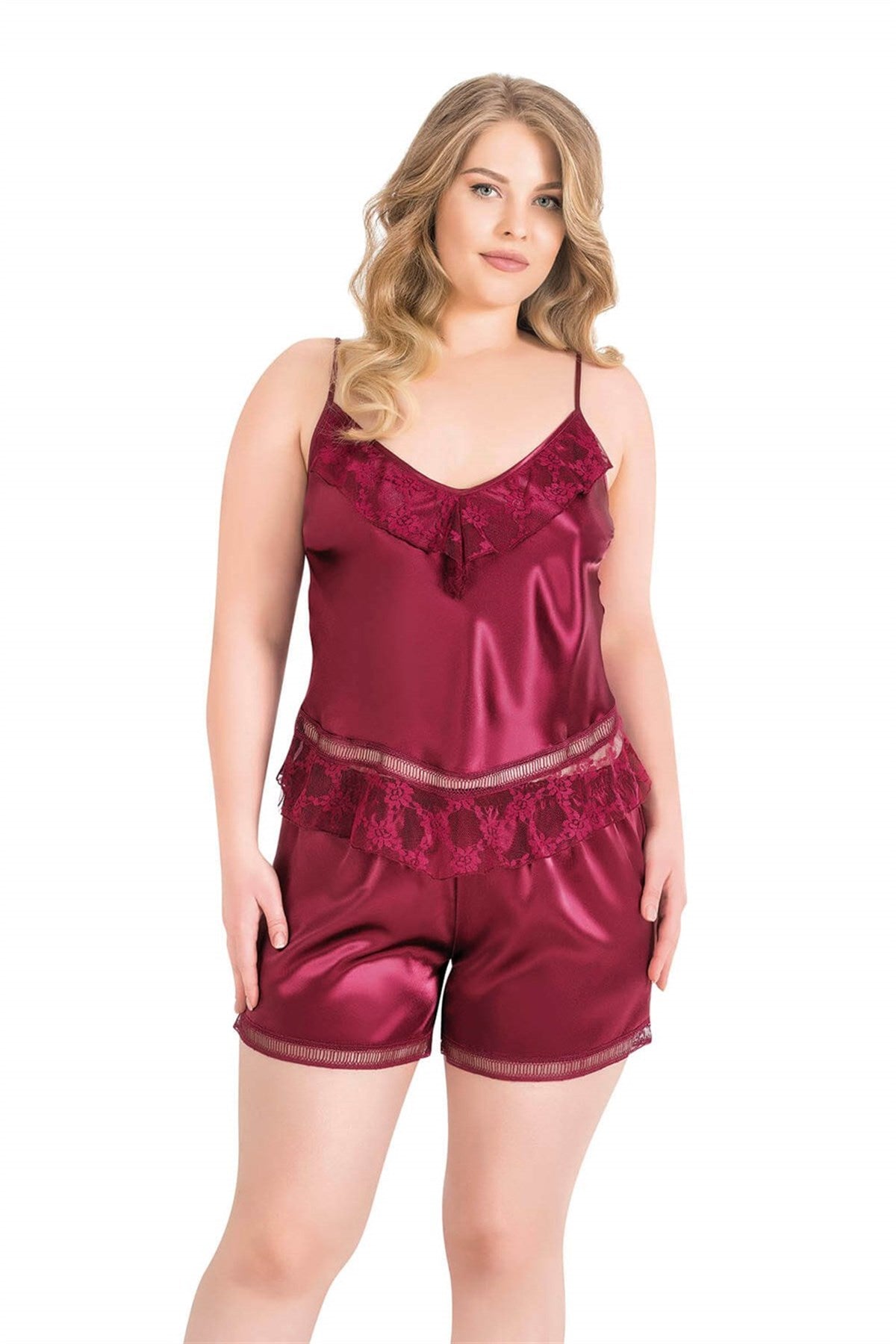 Burgunderrotes Babydoll-Shorts-Set aus Satin in Übergröße