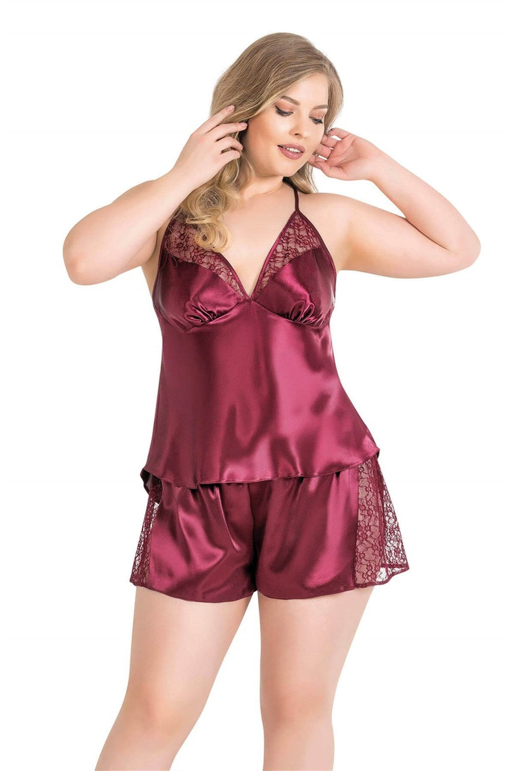 Burgunderrotes Babydoll-Shorts-Set aus Satin in Übergröße