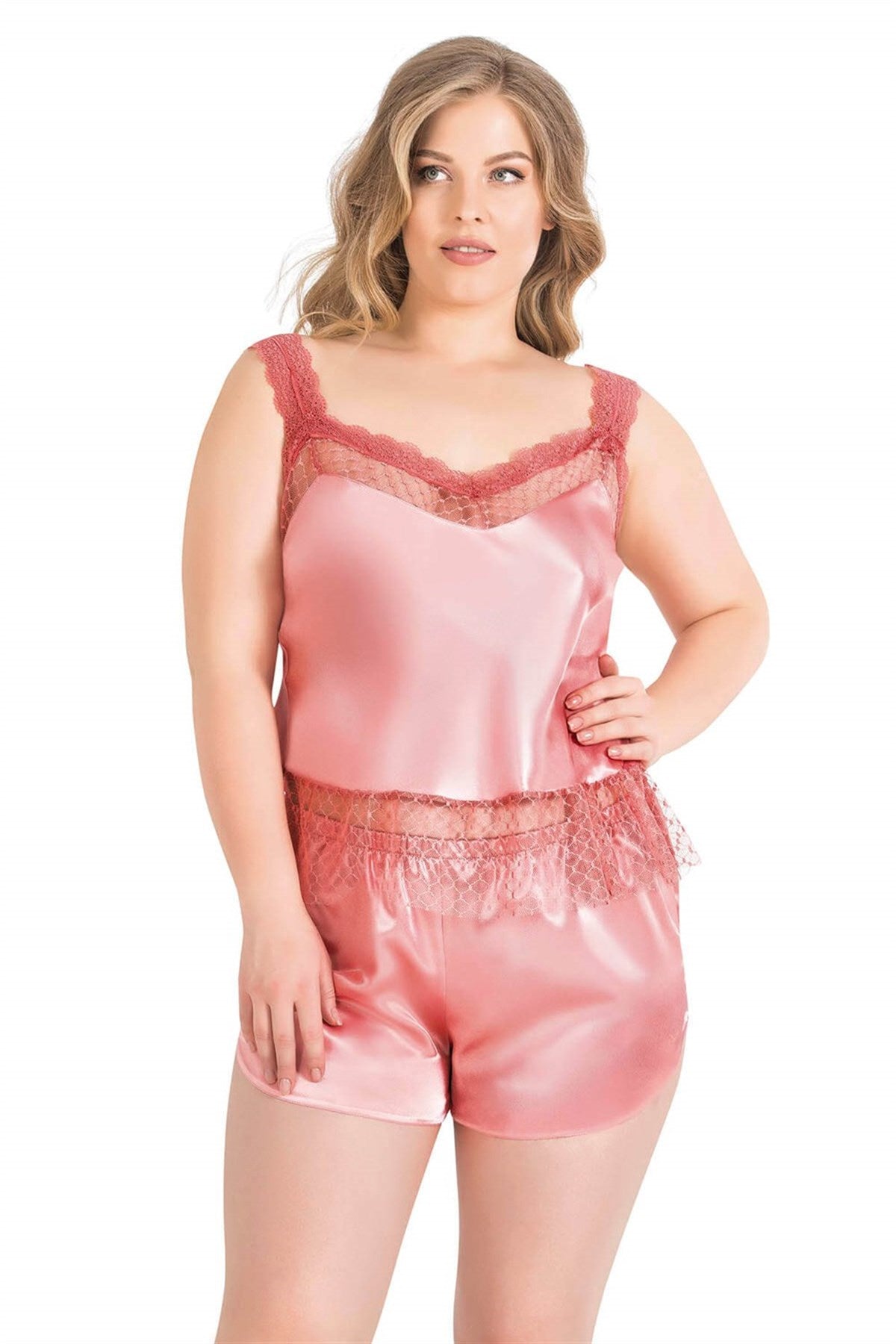 Babydoll-Shorts-Set aus Satin in Korallenrot in Übergröße
