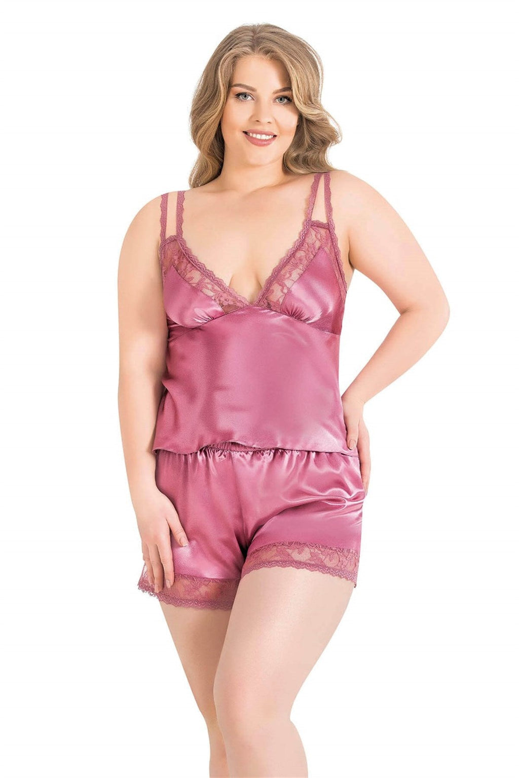 Babydoll-Shorts-Set aus Satin in Altrosa in Übergröße