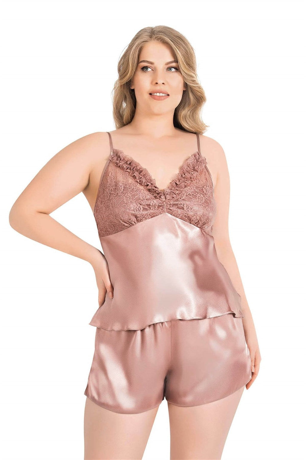 Babydoll-Shorts-Set aus Nerzsatin in Übergröße