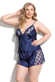 Plus Size Navy Blue Satin Babydoll Shorts Set