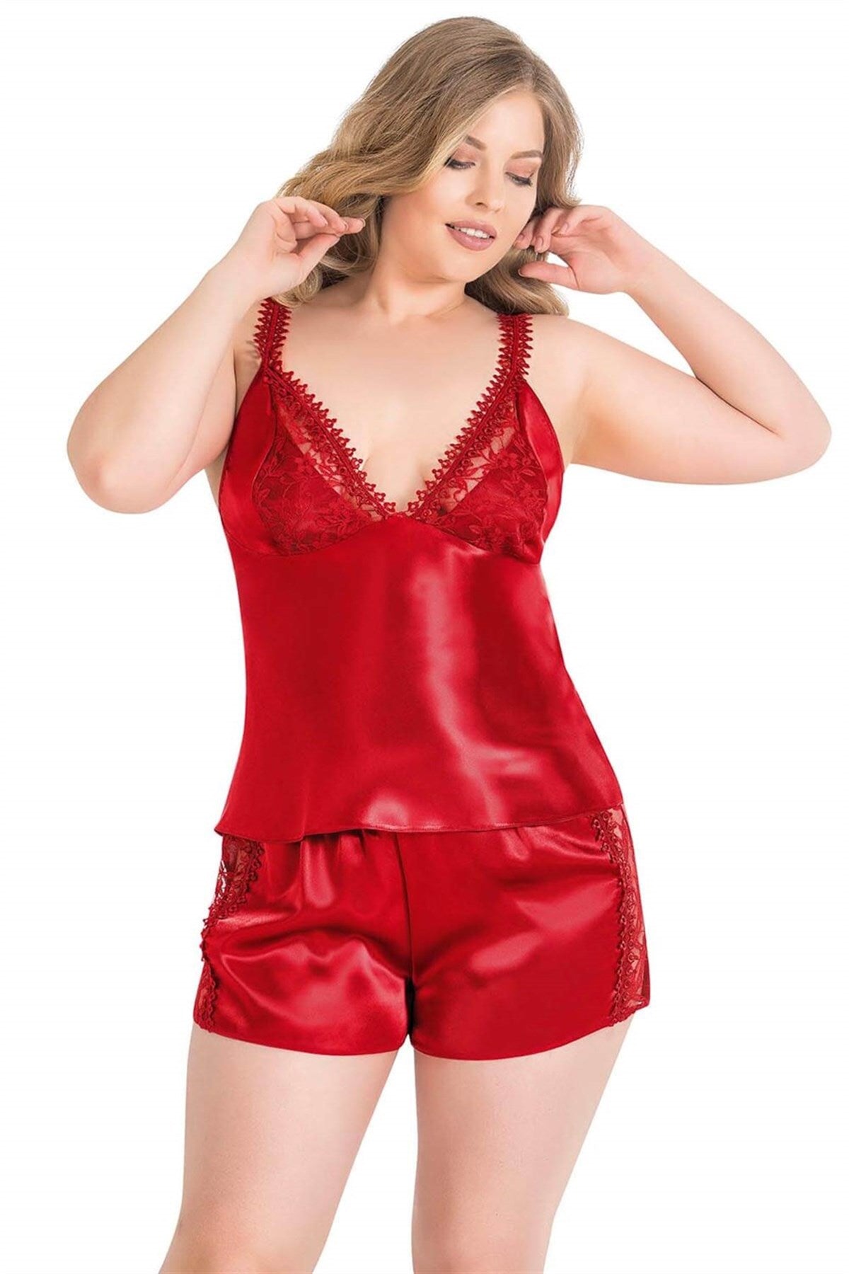 Rotes Babydoll-Shorts-Set aus Satin in Übergröße