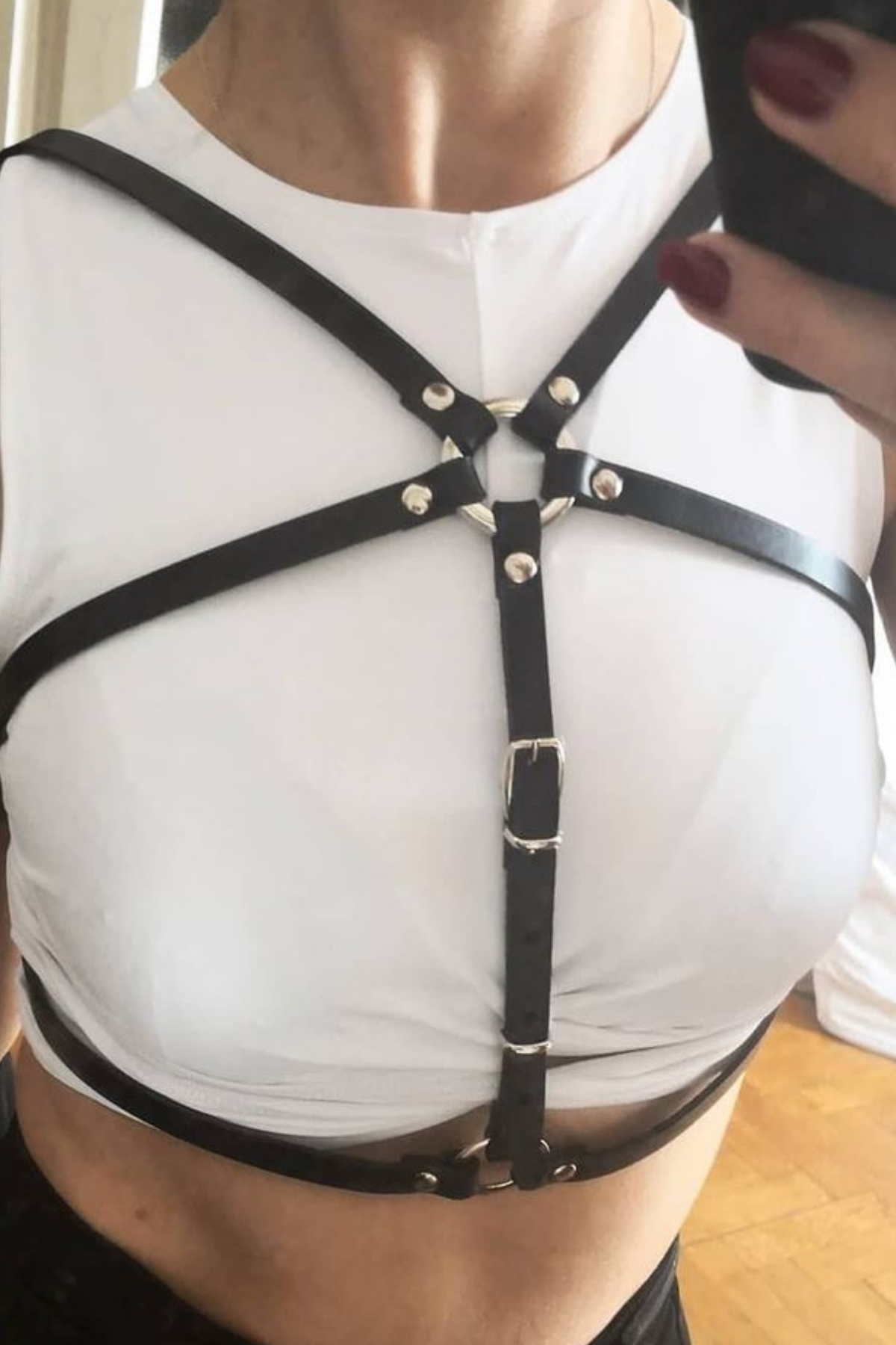 Quad Cross Harness Faux Leather Chic Belt with Chest on Dress Outfit 700621
