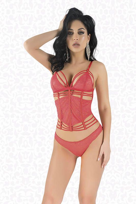 Rotes Bustier-Kostüm aus glitzernder Spitze