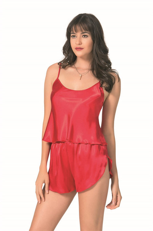 Red Satin Babydoll Shorts Set