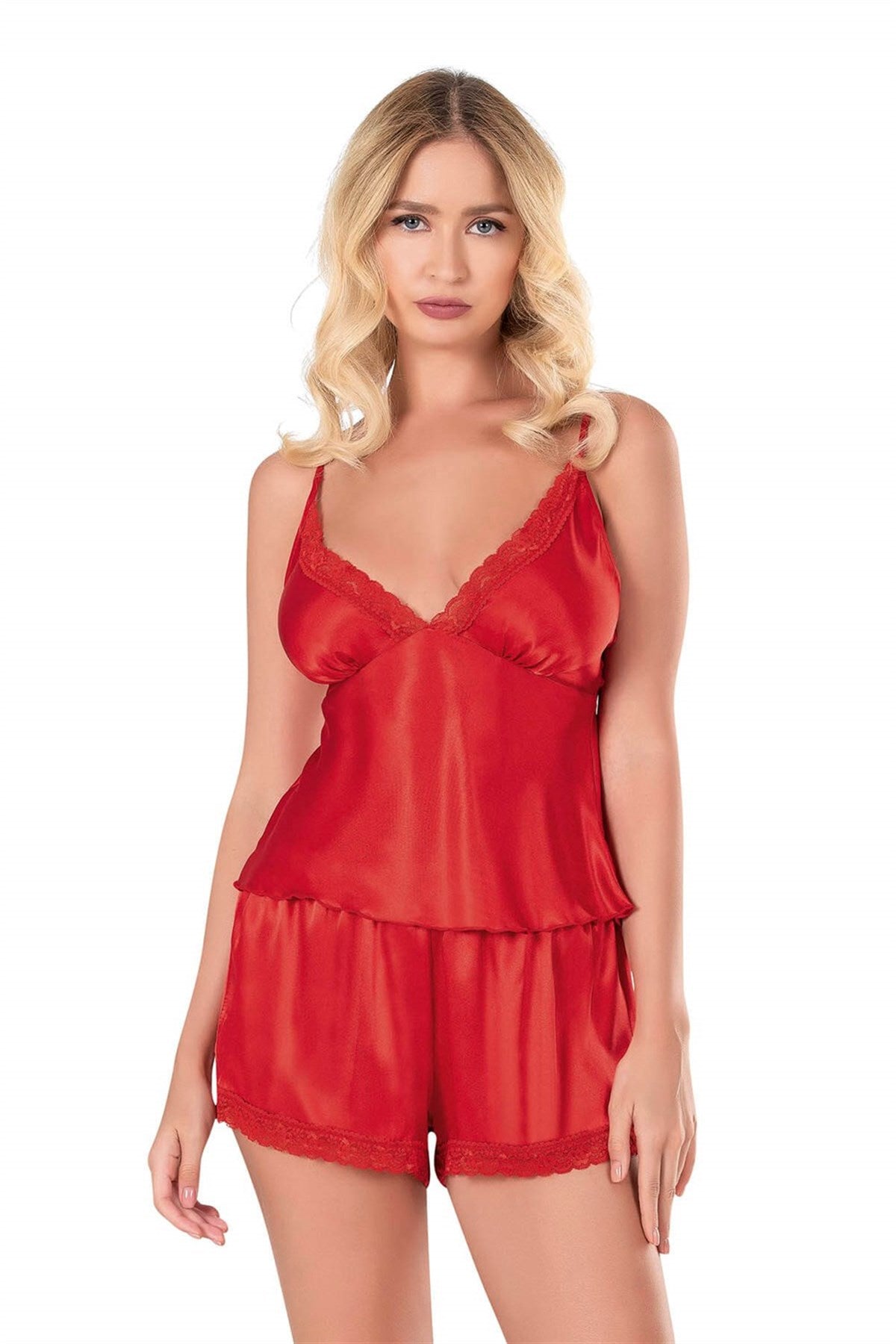Rotes Babydoll-Shorts-Set aus Satin