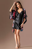 2-teiliges schwarzes Nachthemd-Kleid-Set für Damen aus Satin