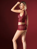 Women's Sateen 2 Pieces Claret Red Lace Bustier Shorts Underwear Set