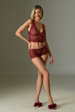 Women's Sateen 2 Pieces Claret Red Lace Bustier Shorts Underwear Set