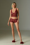 Women's Sateen 2 Pieces Claret Red Lace Bustier Shorts Underwear Set