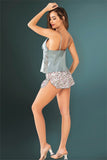 Women's Sateen 2 Pieces Claret Red Lace Tank Top Shorts Nightwear Set