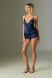 Women's Sateen 2 Pieces Navy Blue Lace Bustier Shorts Underwear Set