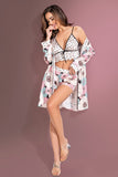 3-teiliges Damen-Nachthemd-Shorts-Set aus Satin mit Blumenmuster in Weiß