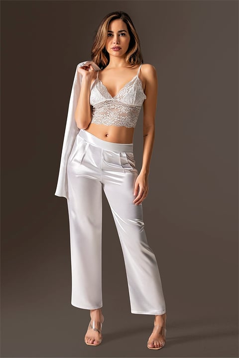 3-teiliges weißes Nachthemd-Pyjama-Set für Damen aus Satin