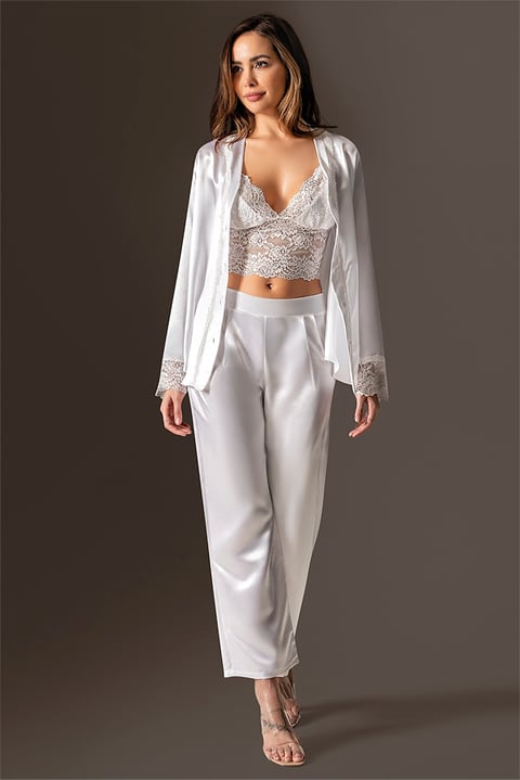3-teiliges weißes Nachthemd-Pyjama-Set für Damen aus Satin