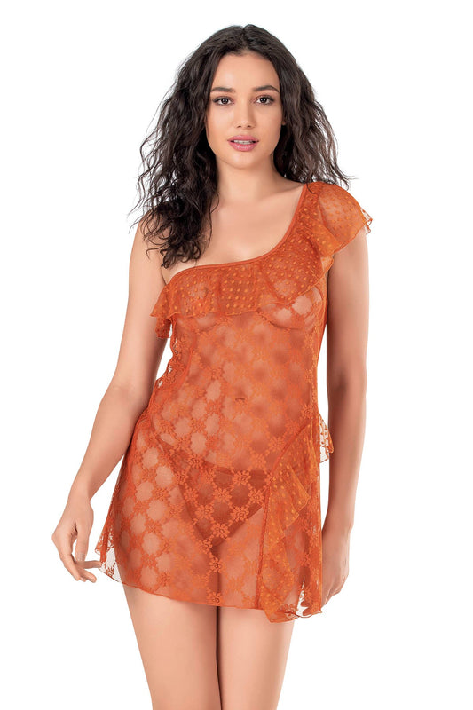 Damen-Nachthemd aus Satin in Schwarz und Orange mit Spitze