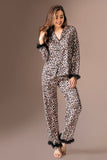 Women's Sateen Leopard Patter 2 Pieces Pajama Set